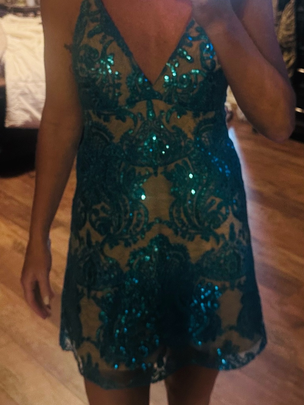 Free People Teal Sequin V-Neck Mini Dress